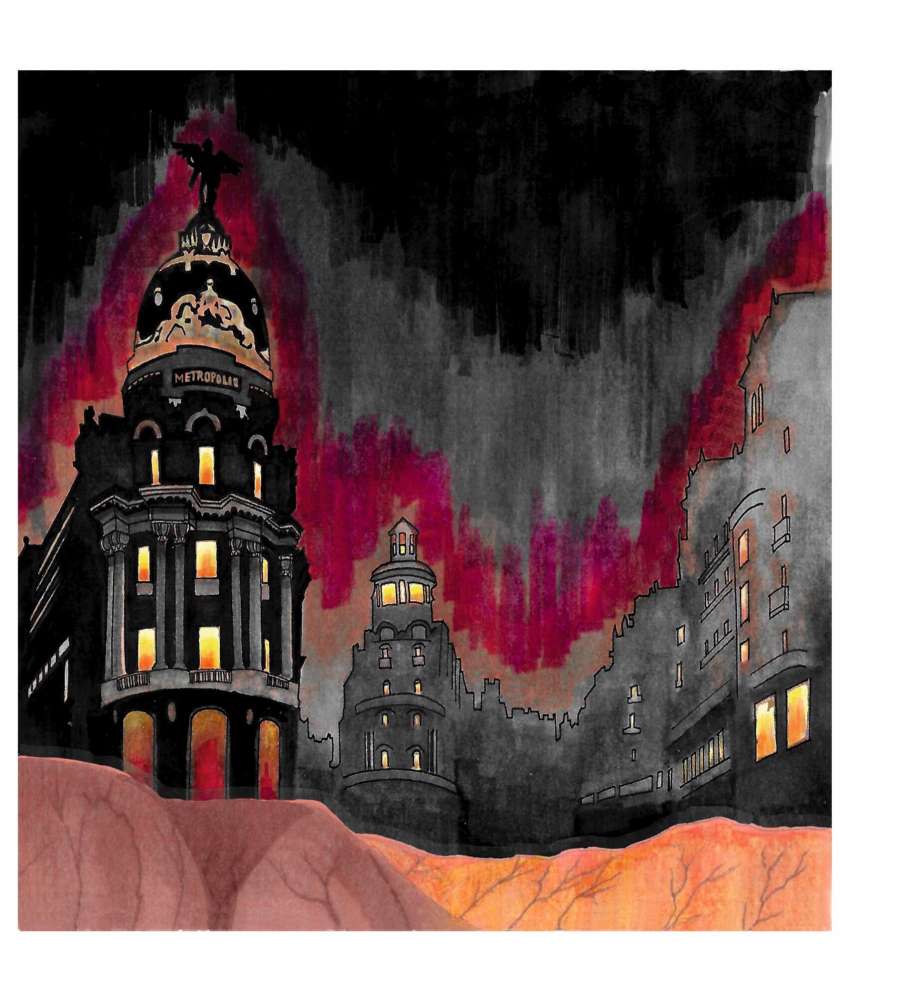 Dibujo de Madrid hecho por María Luisa Fruns para 'Leonora Carrington en España'.
