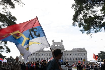 Un militante de Frente Amplio ondea una bandera de la coalición frente al Palacio Legislativo de Uruguay, este miércoles en Montevideo.