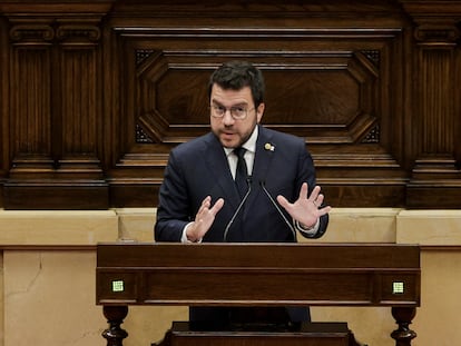 Aragonès, durante su discurso de este martes en el Parlament.