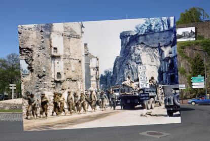 Colunas de soldados norte-americanos na localidade de Saint Lo, em 6 de junho de 1944. A cidade foi totalmente destruída pela aviação aliada.