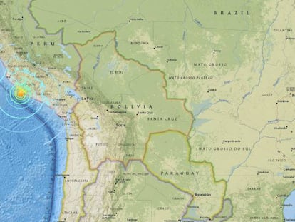 Localização do terremoto sentido no Peru nesta madrugada, segundo o Instituto de Estudos Geológicos dos Estados Unidos.