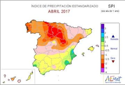 Indice de precipitación estandarizado desde hace un año donde se muestra una anomalia seca en la mayor parte del norte de la península.