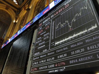 Panel del Ibex 35 en la Bolsa de Madrid.