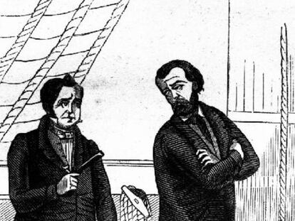 Litografía del pirata a bordo de la <i>Burla Negra</i>.