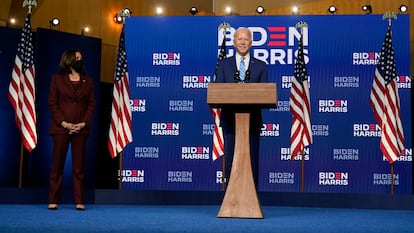 Kamala Harris junto a Joe Biden, este miércoles en Wilmington (Delaware).