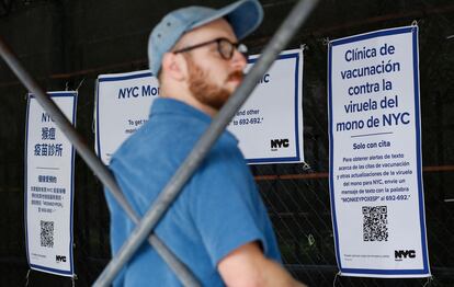 A man waits at a monkeypox vaccination center in New York.