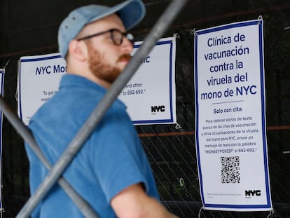 A man waits at a monkeypox vaccination center in New York.