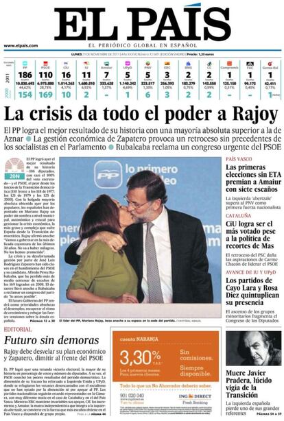 Portada del d&iacute;a despu&eacute;s de las elecciones generales de noviembre de 2011. EL PP logra la mayor&iacute;a absoluta y vuelve al Gobierno central siete a&ntilde;os despu&eacute;s.