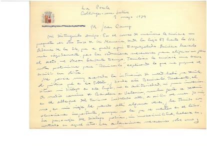 Fragmento de una carta inédita de Azaña dirigida a su traductor Jean Camp. 