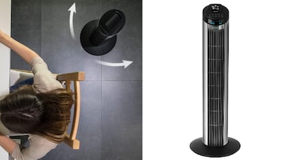 ventilador de torre que emite aire frío en tres modos de uso.