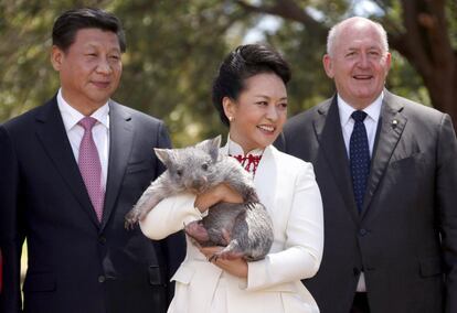 El gobernador Sir Peter Cosgrove (i) se encuentra con el presidente de China, Xi Jinping (d) y la Primera Dama Peng Liyuan que sostiene un wombat en los terrenos de la Casa de Gobierno en Canberra, Australia.
