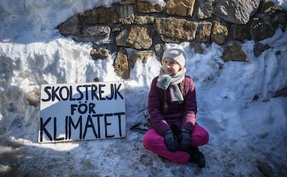 La activista sueca Greta Thumberg en enero de 2019 en Davos. 
 