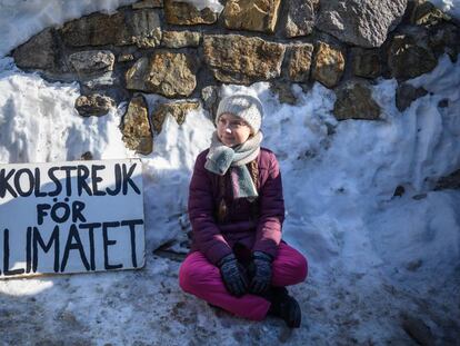 La activista sueca Greta Thumberg en enero de 2019 en Davos. 
 