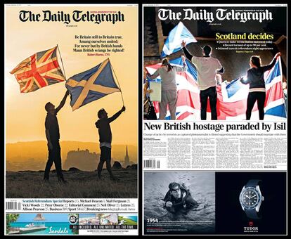 'The Daily Telegraph' abría su portada con un poema de Robert Burns y las banderas del Reino Unido y la escocesa ondeando juntas. Hoy, la foto de portada es para unos simpatizantes del no en Escocia, que comparte protagonismo con la actualidad internacional, con la noticia de un nuevo prisionero británico del Estado Islámico.
