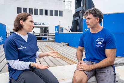 Harley Newton (izquierda), jefa científica de Ocearch, y Pablo García Salinas, investigador de la Fundación Oceanogràfic, conversan sobre la plataforma donde se captura y analiza a los tiburones blancos.