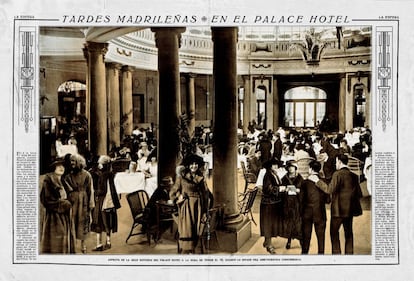 "Es a la hora bruja del crepúsculo cuando Madrid adquiere su aspecto suntuoso de gran ciudad". Así empieza el artículo de La Esfera que publica una fotografía de la sala del hotel donde se tomaba el té. Era un punto de reunión para los aristócratas.