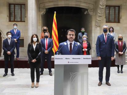 Comparecencia del presidente catalán en funciones, Pere Aragonès, el jueves en Barcelona.