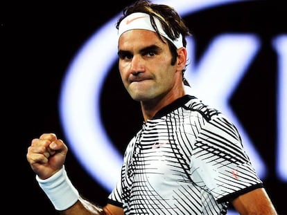 Federer celebra o ponto final ante Nadal neste domingo.