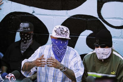 Members of the Barrio 18 street gang attend a news conference at the prison in San Pedro Sula.