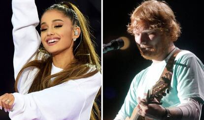 Los cantantes Ariana Grande y Ed Sheeran.