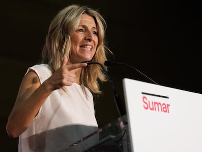 La candidata de Sumar, Yolanda Díaz, en un acto de precampaña en Toledo, el 2 de julio.