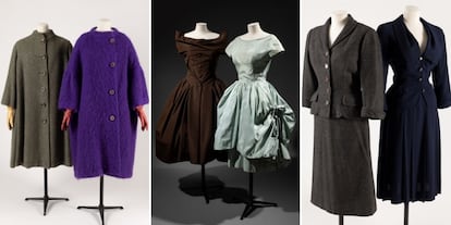 En la primera foto, abrigo de lana de Christian Dior (1952) y de mohair de Cristóbal Balenciaga (1957). En la segunda, vestidos de cóctel marrón de Dior (1955) y azul celeste de Balenciaga (1954). En la tercera, traje sastre gris de Balenciaga (1950) y abrigo azul de lana de Dior (1952).