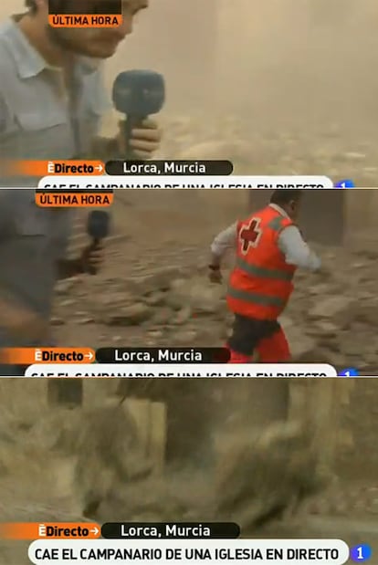 Secuencia de la caída del campanario de la iglesia de San Diego, en Lorca (Murcia), captada por el programa <i>España directo.</i>