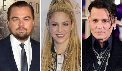 De izquierda a derecha: Leonardo DiCaprio, Shakira y Johnny Depp. 