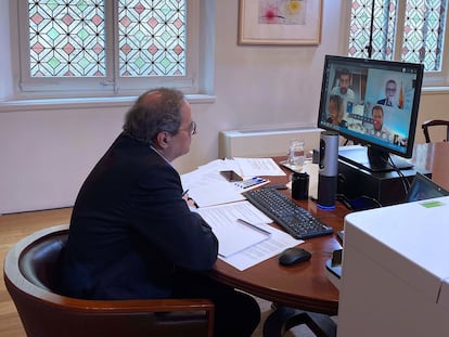 El 'president' Quim Torra durante la reunión semanal del Govern, por vía telemática