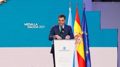 El Presidente del Gobierno, Pedro Sánchez, durante la ceremonia de entrega de la Medalla de Galicia.