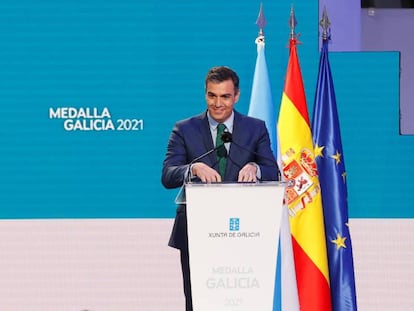 El Presidente del Gobierno, Pedro Sánchez, durante la ceremonia de entrega de la Medalla de Galicia.