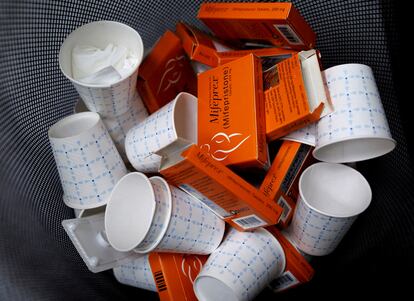 Used boxes of Mifepristone abortion pills in a trash bin at a clinic in Albuquerque, New Mexico, in January 2023.