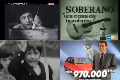 De izquierda a derecha, el humorista Gila hace publicidad de las maquinillas de afeitar Filomatic y anuncios del coñac Soberano; Donuts y un coche Seat Ibiza.