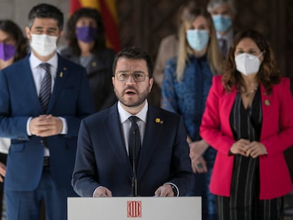 El presidente de la Generalitat, Pere Aragonès, en la toma de posesión de los consejeros del nuevo Gobierno catalán este miércoles.