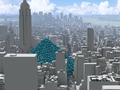 Una hora de emisiones de dioxido de carbono en la ciudad de Nueva York, como esferas de una tonelada.