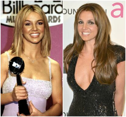 Britney Spears, con su premio Billboard en Las Vegas en diciembre de 1999  A la derecha, la cantante en 2013.