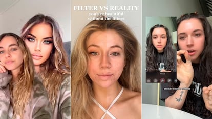 Tres usuarias de TikTok muestran su rostro con los filtros que ofrece la aplicación, comparado con su imagen real.