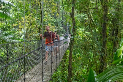 Unos turistas cruzan uno de los puentes colgantes en Mistico Park, otra de las atracciones próximas.