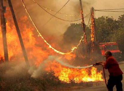 Un bombero griego trata de apagar el fuego en la isla de Eubea, al norte de Atenas.