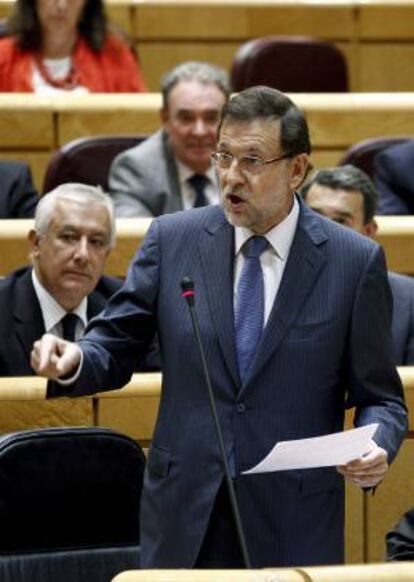El presidente del Gobierno, Mariano Rajoy, durante su intervención en el pleno del Senado celebrado esta tarde en la Cámara Alta.