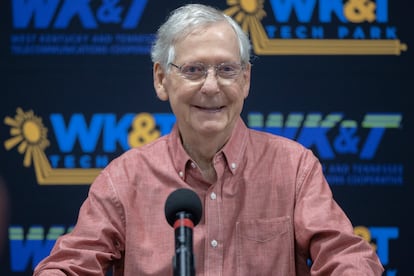 Senate Minority Leader Mitch McConnell, R-Ky., smiles while giving speaking at the Graves County Republican Party Breakfast at WK&T Technology Park in Mayfield, Ky., on Saturday, Aug. 5, 2023.