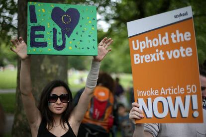 Manifestantes a favor de Europa y del Brexit reunidos en en una manifestaci&oacute;n pro-Brexit en Londres el 9 de julio.
 
 