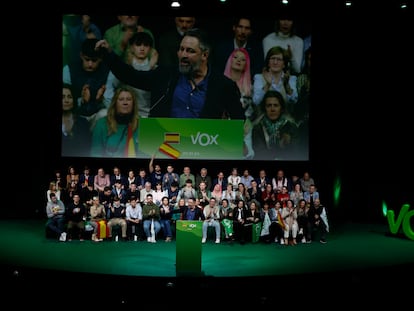 El líder de Vox Santiago Abascal, interviene el pasado 27 de enero en Madrid, tras su proclamación como presidente del partido ultra hasta 2028.