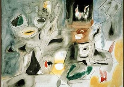 <i>Abrazo / Good hope Road II (Pastoral)</i> (1945), <b>óleo de Arshile Gorky</b>, del Museo Thyssen de Madrid.