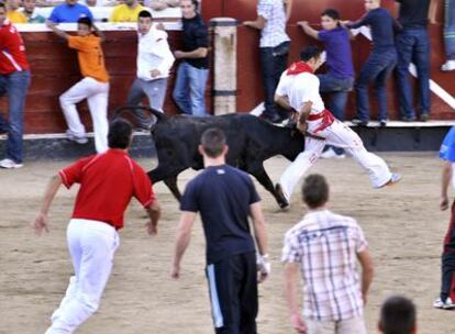Una vaquilla embiste a un corredor en el encierro de ayer en San Sebastián de los Reyes.