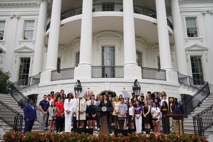 Kamala Harris, this Monday in the gardens of the White House.