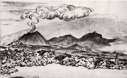 'Las lavas sepultan el pueblo de San Juan'. Croquis a lápiz del pintor Gerardo Murillo, 'Dr. Atl', de 1950.
