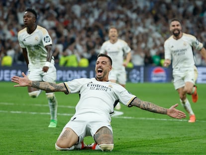 Joselu celebra el segundo gol del Madrid contra el Bayern.