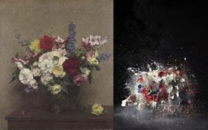 ‘La espléndida riqueza de junio’, de Latour (1886) y, a la izquierda, ‘Blow Up’, de Ori Gersht (2007).