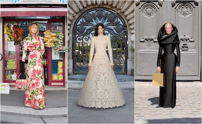 Tres diseños de Balenciaga para la semana de la moda de París celebrada en julio de 2025.